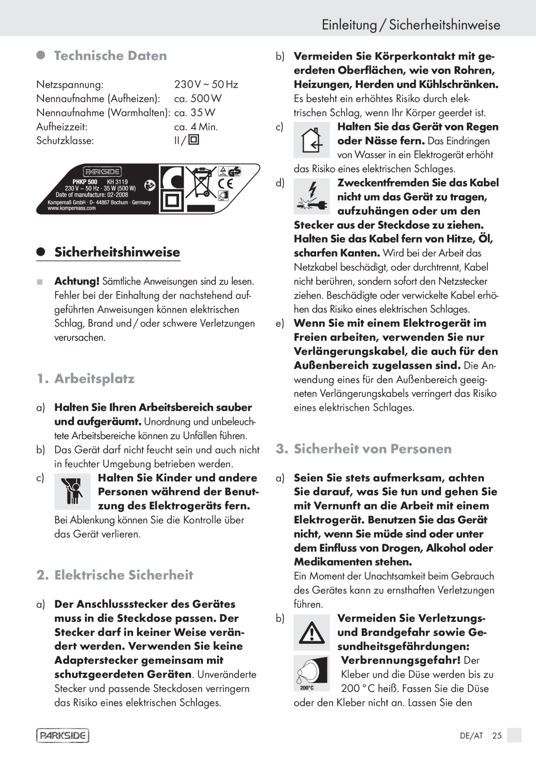 Kompernass KH 3119 manual Einleitung / Sicherheitshinweise, Technische Daten, Arbeitsplatz, Elektrische Sicherheit 